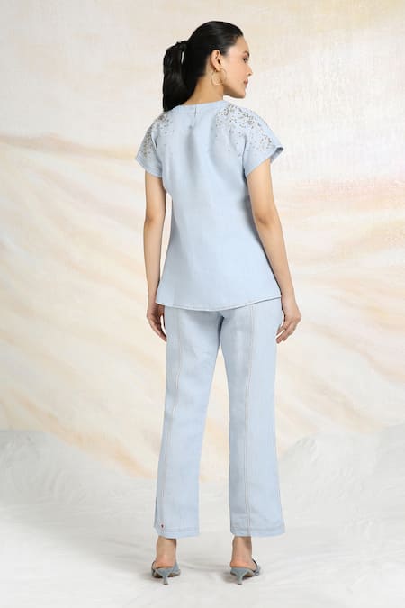 Shop Kaveri Blue Linen Rhinestones Round Neck Galaxy Fall Embellished Top With Pant at Aza Fashions Shop_Kaveri_Blue Linen Rhinestones Round Neck Galaxy Fall Embellished Top With Pant _at_Aza_Fashions
