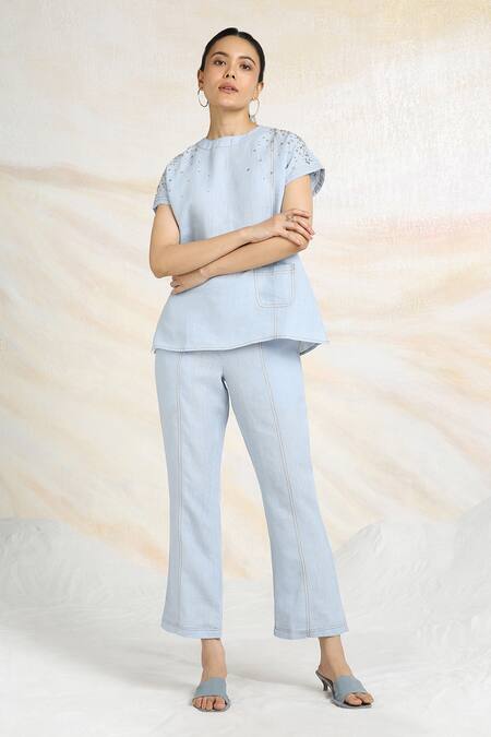 Kaveri Blue Linen Rhinestones Round Neck Galaxy Fall Embellished Top With Pant Online at Aza Fashions Kaveri_Blue Linen Rhinestones Round Neck Galaxy Fall Embellished Top With Pant _Online_at_Aza_Fashions