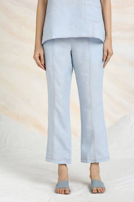 Buy Kaveri Blue Linen Rhinestones Round Neck Galaxy Fall Embellished Top With Pant Online at Aza Fashions Buy_Kaveri_Blue Linen Rhinestones Round Neck Galaxy Fall Embellished Top With Pant _Online_at_Aza_Fashions