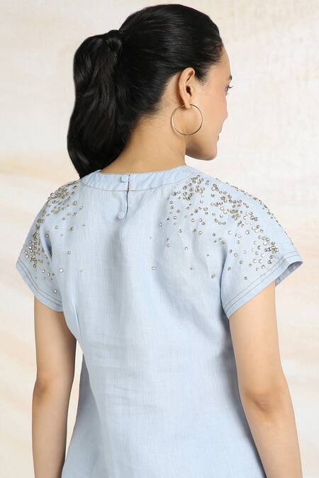Shop Kaveri Blue Linen Rhinestones Round Neck Galaxy Fall Embellished Top With Pant Online at Aza Fashions Shop_Kaveri_Blue Linen Rhinestones Round Neck Galaxy Fall Embellished Top With Pant _Online_at_Aza_Fashions