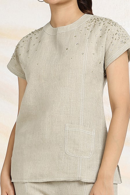 Kaveri_Grey Linen Rhinestones Round Neck Cosmic Fall Embellished Top _Online_at_Aza_Fashions