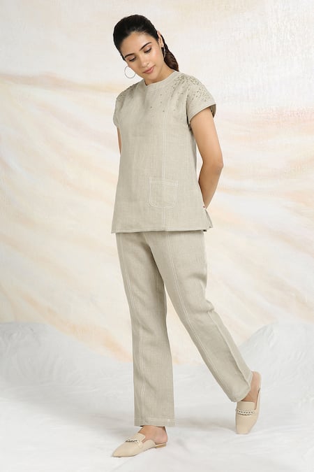 Buy_Kaveri_Grey Linen Rhinestones Round Neck Cosmic Fall Embellished Top _Online_at_Aza_Fashions