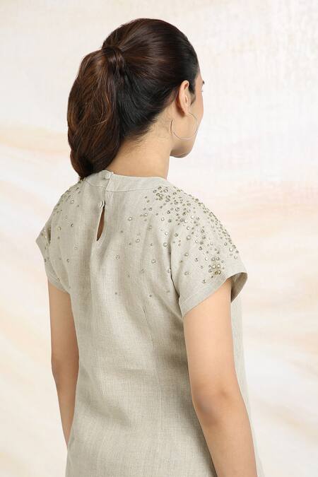 Shop_Kaveri_Grey Linen Rhinestones Round Neck Cosmic Fall Embellished Top _Online_at_Aza_Fashions