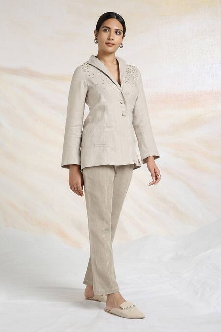 Buy_Kaveri_Gray Linen Rhinestones Grey Embellished Blazer Jacket_Online_at_Aza_Fashions