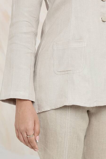 Buy_Kaveri_Gray Linen Rhinestones Grey Embellished Blazer Jacket