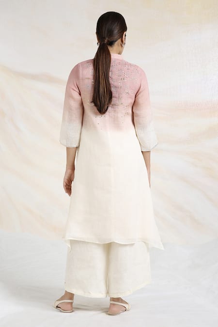 Shop Kaveri Pink 100% Linen Embellished Bloom Yoke Ombre Kurta With Palazzo at Aza Fashions Shop_Kaveri_Pink 100% Linen Embellished Bloom Yoke Ombre Kurta With Palazzo _at_Aza_Fashions