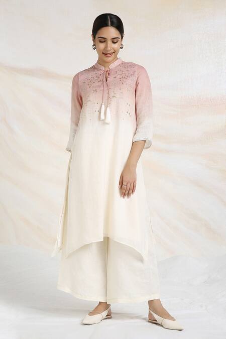 Kaveri Pink 100% Linen Embellished Bloom Yoke Ombre Kurta With Palazzo Online at Aza Fashions Kaveri_Pink 100% Linen Embellished Bloom Yoke Ombre Kurta With Palazzo _Online_at_Aza_Fashions