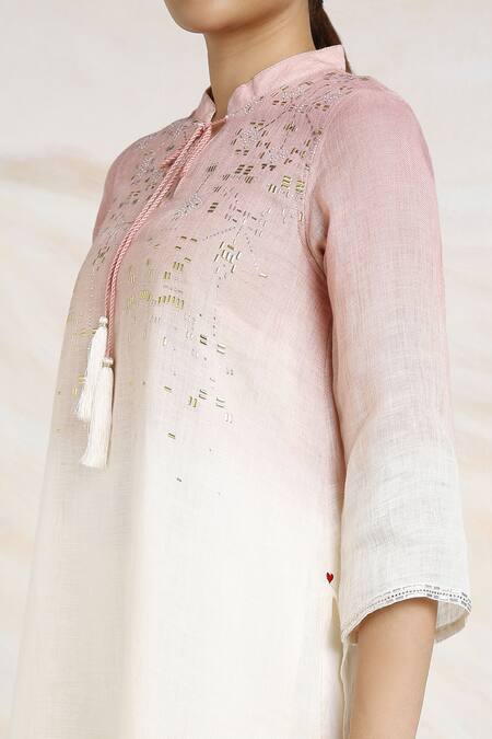 Shop Kaveri Pink 100% Linen Embellished Bloom Yoke Ombre Kurta With Palazzo Online at Aza Fashions Shop_Kaveri_Pink 100% Linen Embellished Bloom Yoke Ombre Kurta With Palazzo _Online_at_Aza_Fashions