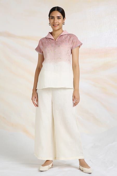 Kaveri Pink Linen Embroidery Collared Metallic Glitch Embellished Ombre Top