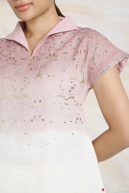 Buy_Kaveri_Pink Linen Embroidery Collared Metallic Glitch Embellished Ombre Top _Online_at_Aza_Fashions
