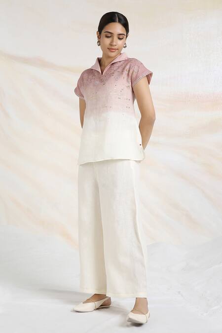 Kaveri_Pink Linen Embroidery Collared Metallic Glitch Embellished Ombre Top _at_Aza_Fashions