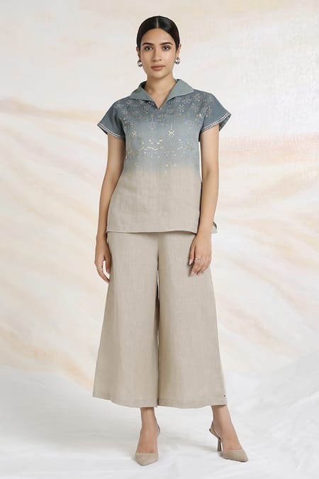 Kaveri Blue Linen Embroidery Collared Metallic Florin Embellished Ombre Top