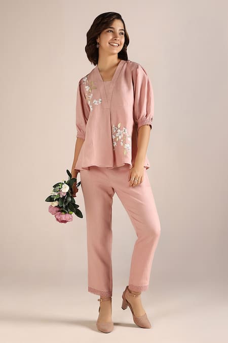 Buy_Kaveri_Pink Linen Embroidery V-neck Camelia Printed Top _Online_at_Aza_Fashions