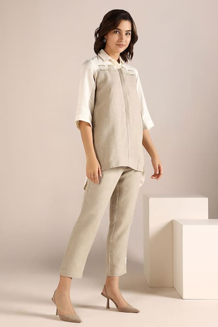 Kaveri_Off White Linen Embroidery Shawl Neck Stone Colour Block Shirt _Online_at_Aza_Fashions