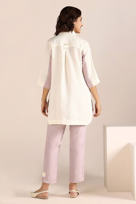 Shop_KAVERI_Off White Linen Embroidery Collared Colour Block Shirt _at_Aza_Fashions