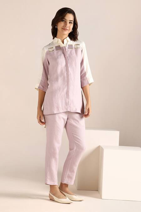 KAVERI_Off White Linen Embroidery Collared Colour Block Shirt _Online_at_Aza_Fashions