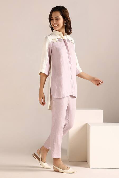 Buy_KAVERI_Off White Linen Embroidery Collared Colour Block Shirt _Online_at_Aza_Fashions
