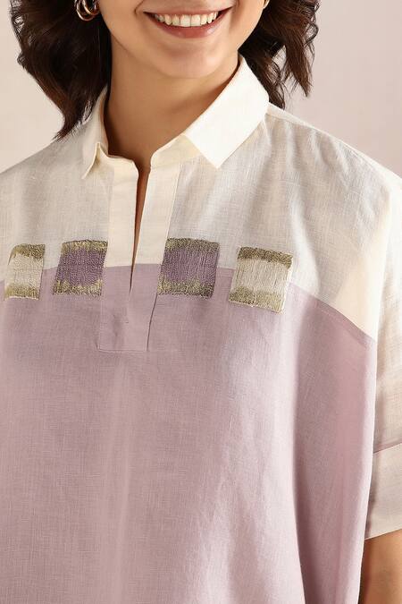 KAVERI_Off White Linen Embroidery Collared Colour Block Shirt _at_Aza_Fashions
