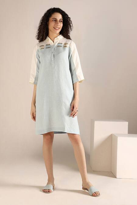 Aster Dress Shirt Collar 3/4 Sleeve Midi Length Cotton Musola_Solid_Ch –  Samantha Sung