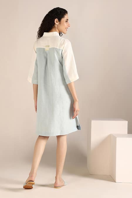 Shop Kaveri Off White Linen Embroidery Shawl Neck Colour Block Dress at Aza Fashions Shop_Kaveri_Off White Linen Embroidery Shawl Neck Colour Block Dress _at_Aza_Fashions