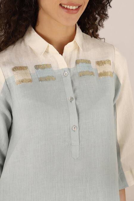 Buy Kaveri Off White Linen Embroidery Shawl Neck Colour Block Dress Online at Aza Fashions Buy_Kaveri_Off White Linen Embroidery Shawl Neck Colour Block Dress _Online_at_Aza_Fashions