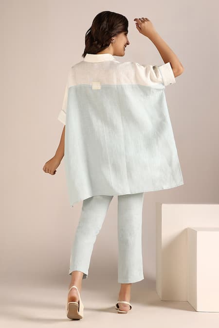 Shop_Kaveri_Off White Linen Embroidery Collared Colour Block Panel Square Top With Pant _at_Aza_Fashions