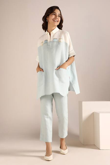 Kaveri_Off White Linen Embroidery Collared Colour Block Panel Square Top With Pant _Online_at_Aza_Fashions