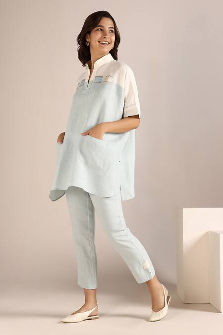 Buy_Kaveri_Off White Linen Embroidery Collared Colour Block Panel Square Top With Pant _Online_at_Aza_Fashions