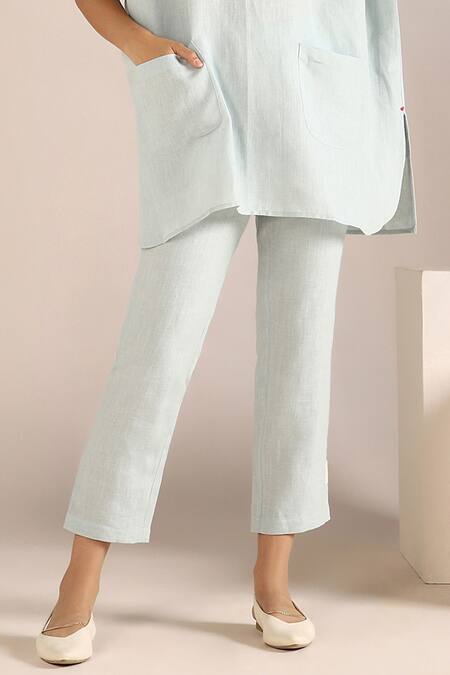 Shop_Kaveri_Off White Linen Embroidery Collared Colour Block Panel Square Top With Pant _Online_at_Aza_Fashions