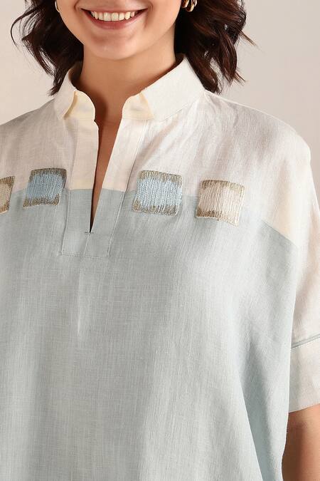 Kaveri_Off White Linen Embroidery Collared Colour Block Panel Square Top With Pant _at_Aza_Fashions