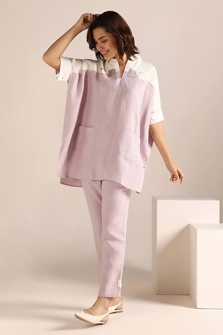 Kaveri Off White Linen Embroidery Collared Colour Block Square Top With Pant Online at Aza Fashions Kaveri_Off White Linen Embroidery Collared Colour Block Square Top With Pant _Online_at_Aza_Fashions
