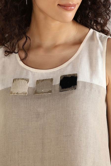 Kaveri Off White Linen Embroidery Round Neck Step Colour Block Dress Online at Aza Fashions Kaveri_Off White Linen Embroidery Round Neck Step Colour Block Dress _Online_at_Aza_Fashions