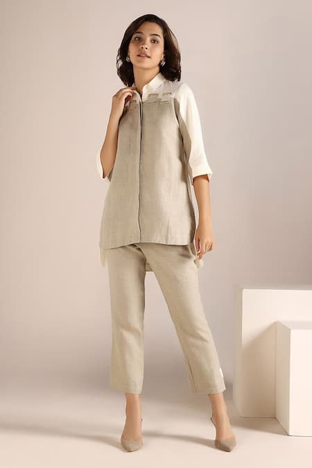 Kaveri_Off White Linen Embroidery Shawl Neck Colour Block Shirt With Pant _Online_at_Aza_Fashions