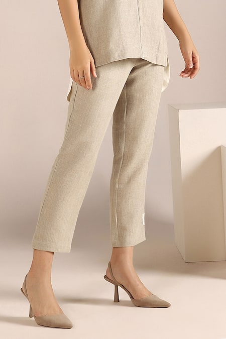 Buy_Kaveri_Off White Linen Embroidery Shawl Neck Colour Block Shirt With Pant _Online_at_Aza_Fashions