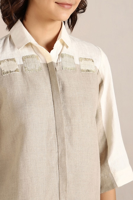 Shop_Kaveri_Off White Linen Embroidery Shawl Neck Colour Block Shirt With Pant _Online_at_Aza_Fashions