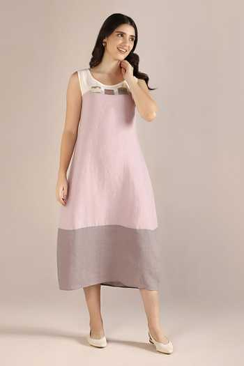 Kaveri_Off White Linen Embroidery Round Neck Step Colour Block Dress _Online_at_Aza_Fashions