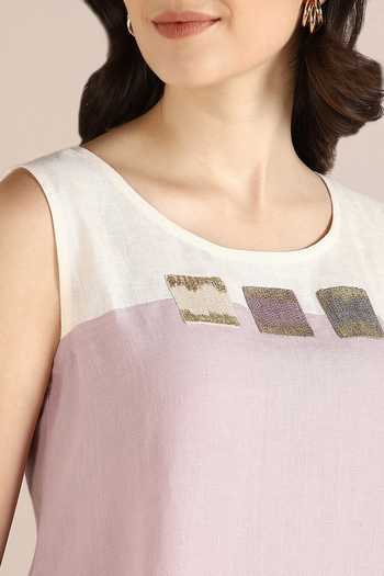 Buy_Kaveri_Off White Linen Embroidery Round Neck Step Colour Block Dress _Online_at_Aza_Fashions