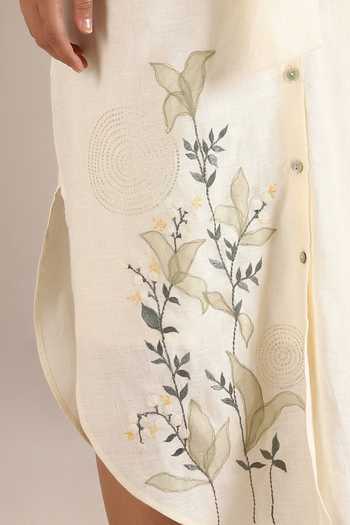 Buy_Kaveri_Off White Linen Embroidery Collared Honey Suckle Print Dress _Online_at_Aza_Fashions