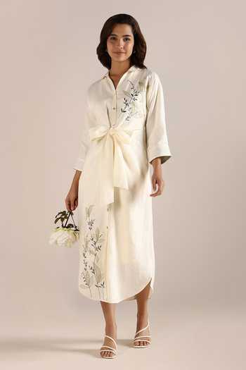 Shop_Kaveri_Off White Linen Embroidery Collared Honey Suckle Print Dress _Online_at_Aza_Fashions