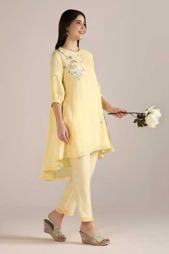 Buy_Kaveri_Yellow 100% Linen Printed Floral Round Camellia Asymmetric Kurta  _Online_at_Aza_Fashions