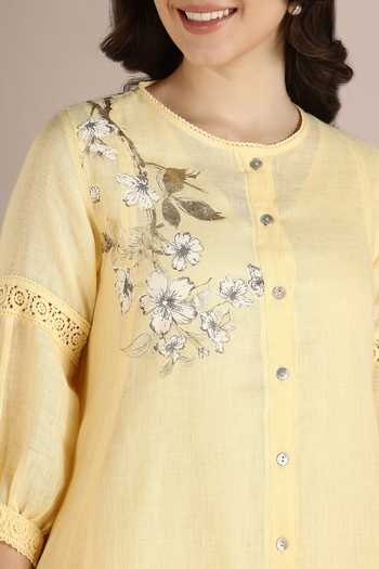 Kaveri_Yellow 100% Linen Printed Floral Round Camellia Asymmetric Kurta  _at_Aza_Fashions