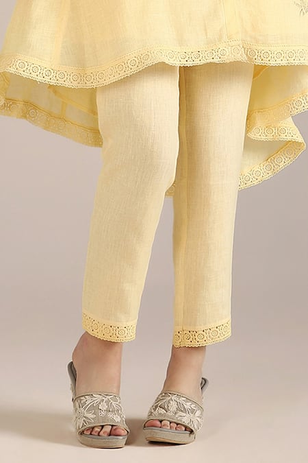 Kaveri Yellow Linen Lace Round Neck Camellia Print Asymmetric Kurta With Pant Online at Aza Fashions Kaveri_Yellow Linen Lace Round Neck Camellia Print Asymmetric Kurta With Pant _Online_at_Aza_Fashions
