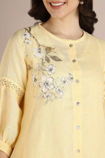 Buy Kaveri Yellow Linen Lace Round Neck Camellia Print Asymmetric Kurta With Pant Buy_Kaveri_Yellow Linen Lace Round Neck Camellia Print Asymmetric Kurta With Pant