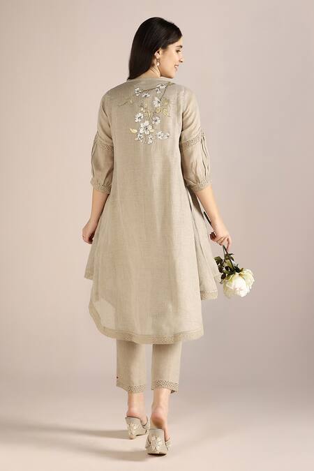 Shop Kaveri Beige 100% Linen Printed Floral Round Camellia Asymmetric Kurta at Aza Fashions Shop_Kaveri_Beige 100% Linen Printed Floral Round Camellia Asymmetric Kurta _at_Aza_Fashions