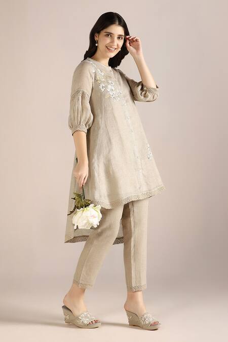 Buy Kaveri Beige 100% Linen Printed Floral Round Camellia Asymmetric Kurta Online at Aza Fashions Buy_Kaveri_Beige 100% Linen Printed Floral Round Camellia Asymmetric Kurta _Online_at_Aza_Fashions