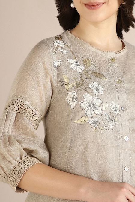 Shop Kaveri Beige 100% Linen Printed Floral Round Camellia Asymmetric Kurta Online at Aza Fashions Shop_Kaveri_Beige 100% Linen Printed Floral Round Camellia Asymmetric Kurta _Online_at_Aza_Fashions