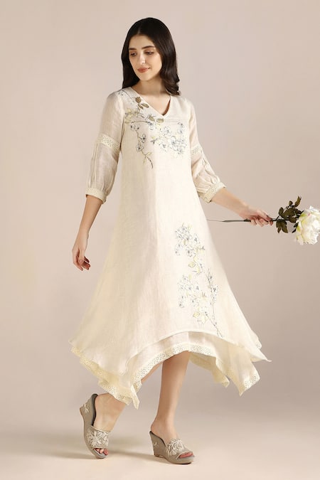 Kaveri_Off White Linen Embroidery V-neck Camellia Flower Print Twirl Dress _Online_at_Aza_Fashions