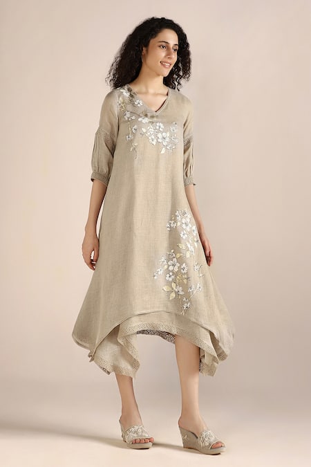 Kaveri_Beige Linen Embroidery, Lace V-neck Flower Print Asymmetric Twirl Dress _Online_at_Aza_Fashions