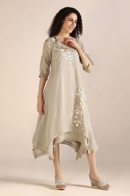 Buy_Kaveri_Beige Linen Embroidery, Lace V-neck Flower Print Asymmetric Twirl Dress _Online_at_Aza_Fashions