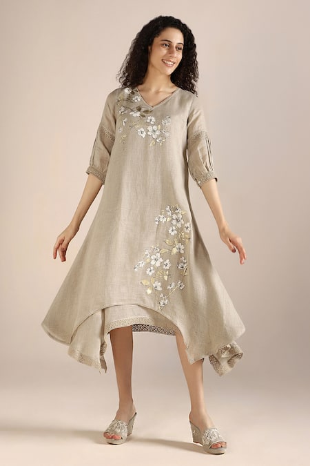 Shop_Kaveri_Beige Linen Embroidery, Lace V-neck Flower Print Asymmetric Twirl Dress _Online_at_Aza_Fashions